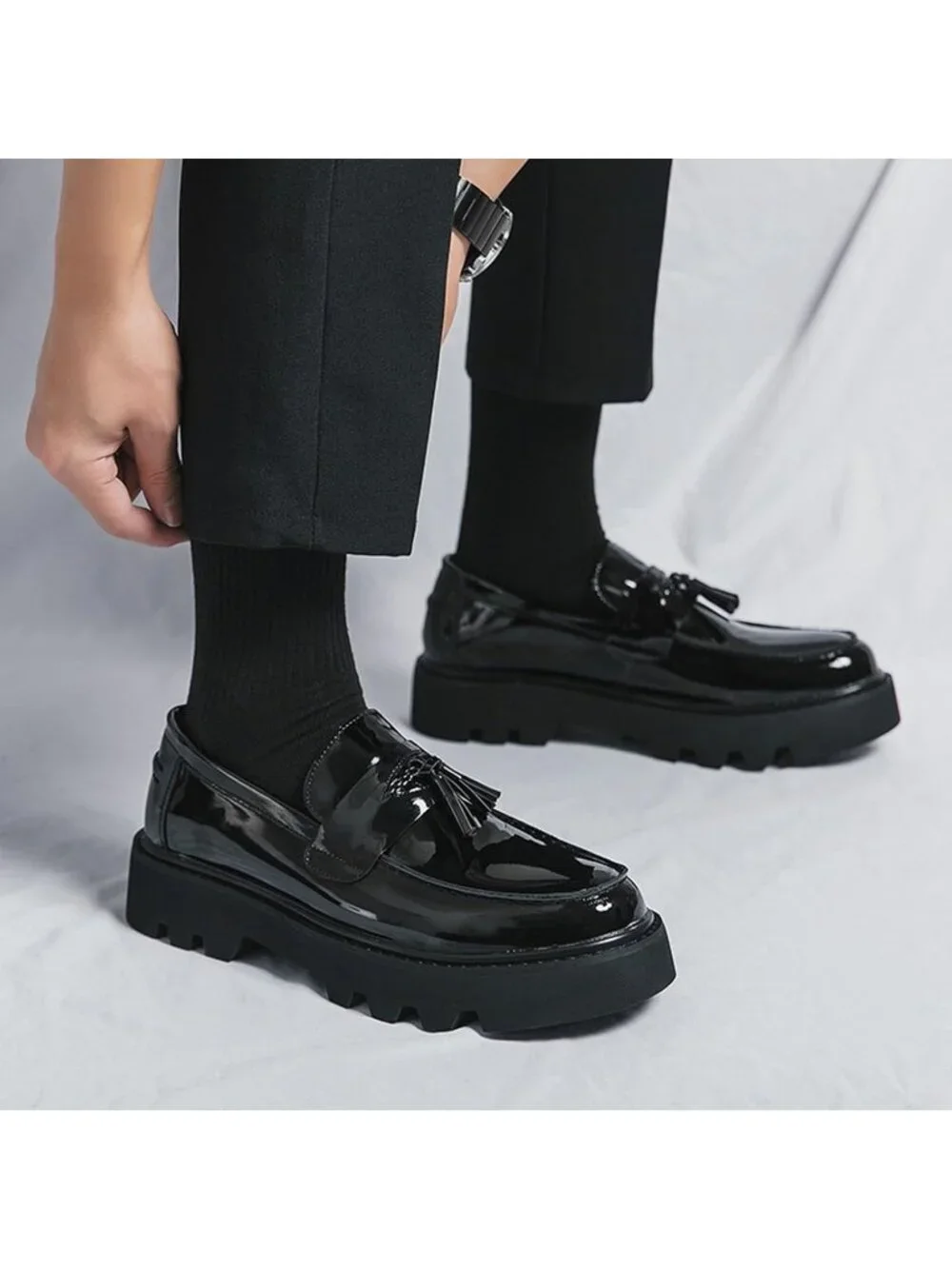 Men's Black Patent Leather Loafers Chunky Heel Tassel Slip On Dress Shoes